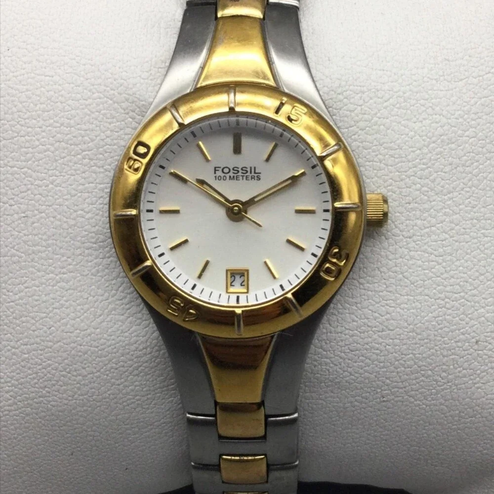Fossil Blue 100M Womens Watch 25mm White Dial Two Tone Date New Battery 6.25